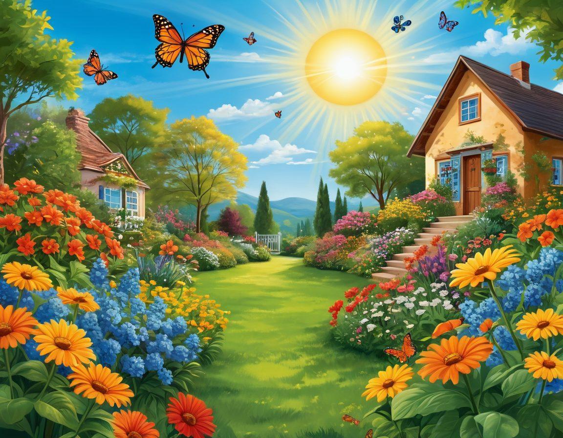 A colorful illustration of a thriving garden symbolizing customer retention, with joyful flowers representing delighted customers, vibrant butterflies fluttering around, and a gardener tending to the plants, signifying care and growth. The background shows a bright blue sky with a sun shining down, evoking feelings of warmth and happiness. vector art. vibrant colors.