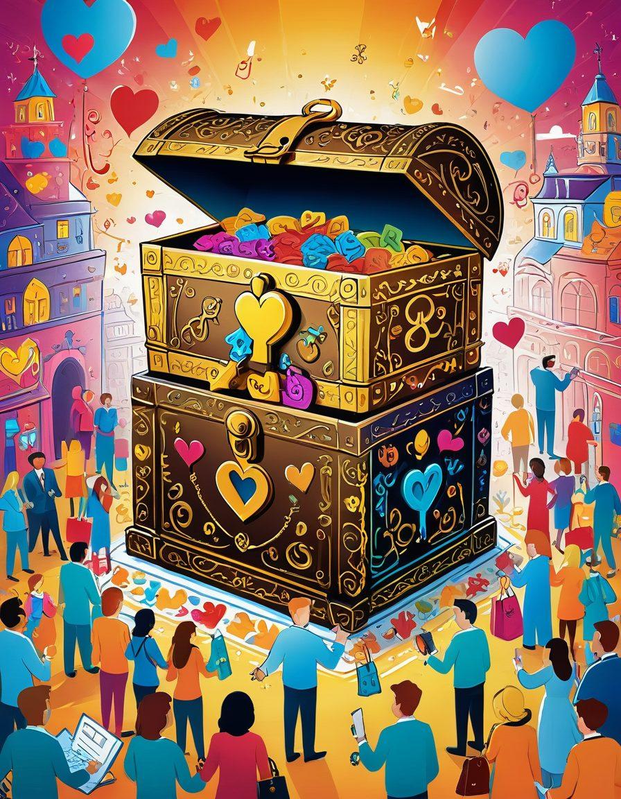 A vibrant illustration of a key unlocking a treasure chest filled with glowing symbols of joy, like smiley faces and hearts. Surrounding the chest, diverse business people cheerfully interacting, showcasing happiness and collaboration. The background features a lively marketplace, symbolizing customer engagement and growth. Bright, inviting colors enhance the cheerful atmosphere. vector art. vibrant colors.