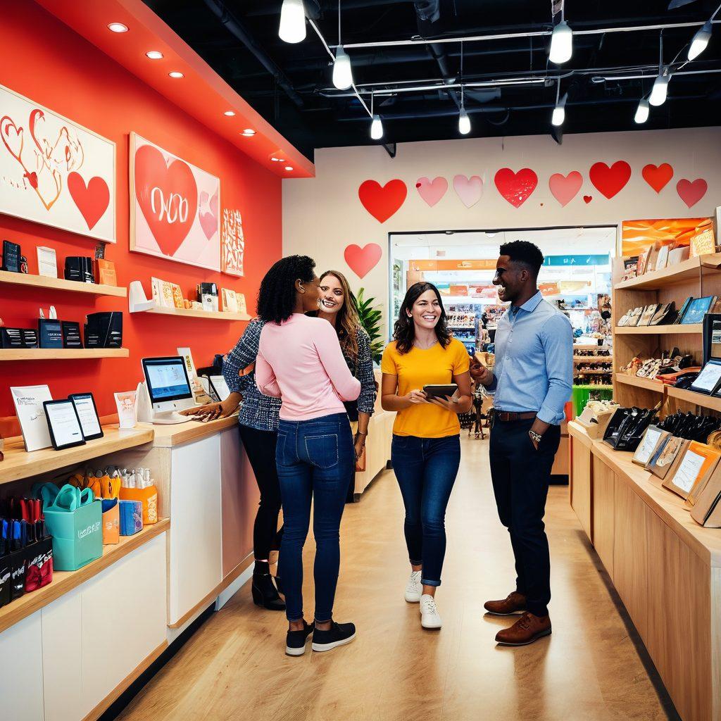A dynamic scene depicting a diverse group of cheerful customers interacting positively with a warm, inviting store environment. Emphasize glowing interactions, positive facial expressions, and personalized service moments. Include abstract representations of growth metrics like upward arrows and hearts to symbolize customer loyalty. Use a bright and engaging color palette, blending modern and classic styles. super-realistic. vibrant colors.